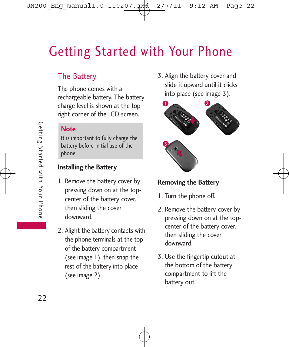 Getting started with your phone, The battery | LG UN200 User Manual | Page 22 / 120