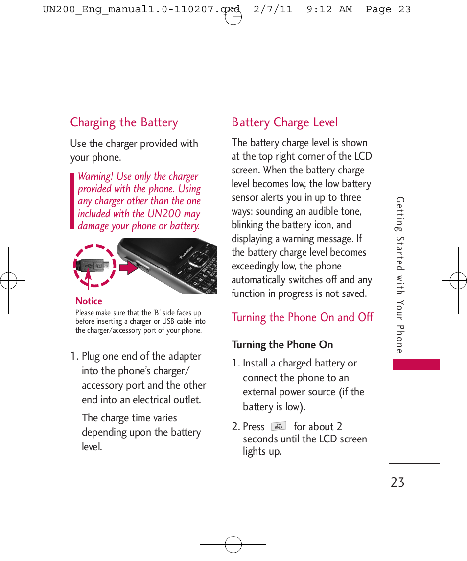 Charging the battery, Battery charge level, Turning the phone on and off | LG UN200 User Manual | Page 23 / 120