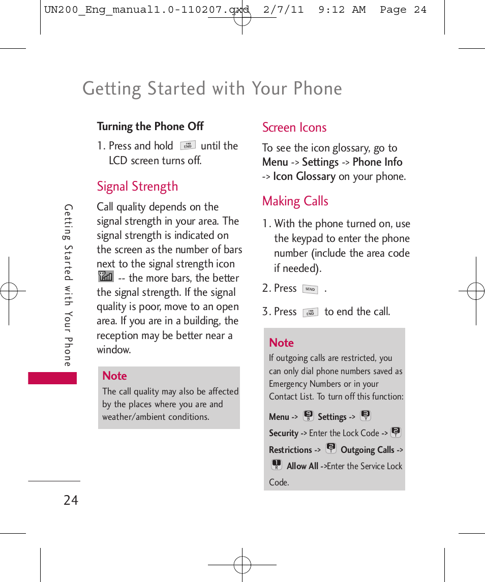 Getting started with your phone, Signal strength, Screen icons | Making calls | LG UN200 User Manual | Page 24 / 120