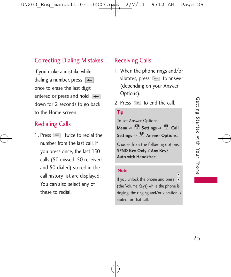 Correcting dialing mistakes, Redialing calls, Receiving calls | LG UN200 User Manual | Page 25 / 120