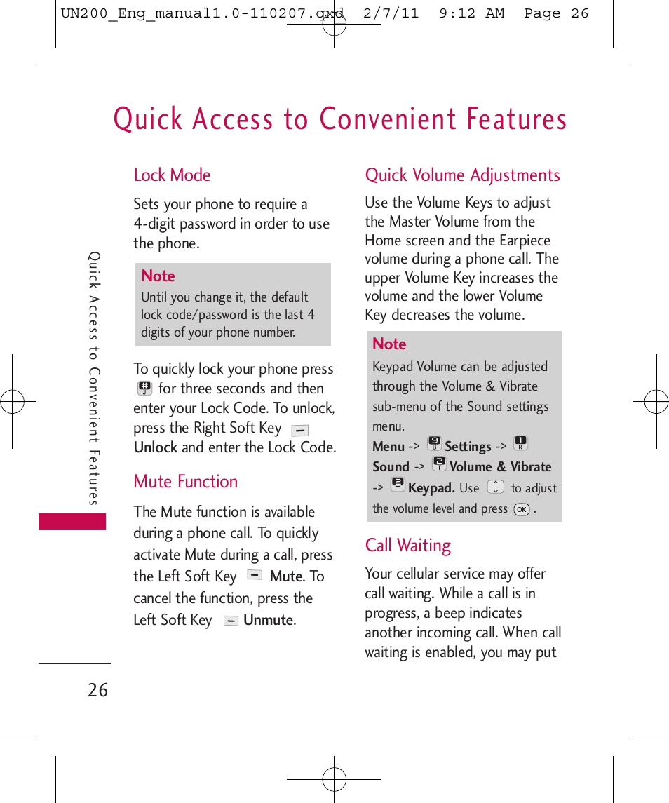 Quick access to convenient features, Lock mode, Mute function | Quick volume adjustments, Call waiting | LG UN200 User Manual | Page 26 / 120