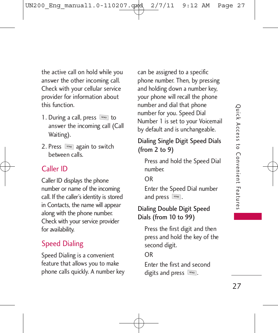Caller id, Speed dialing | LG UN200 User Manual | Page 27 / 120
