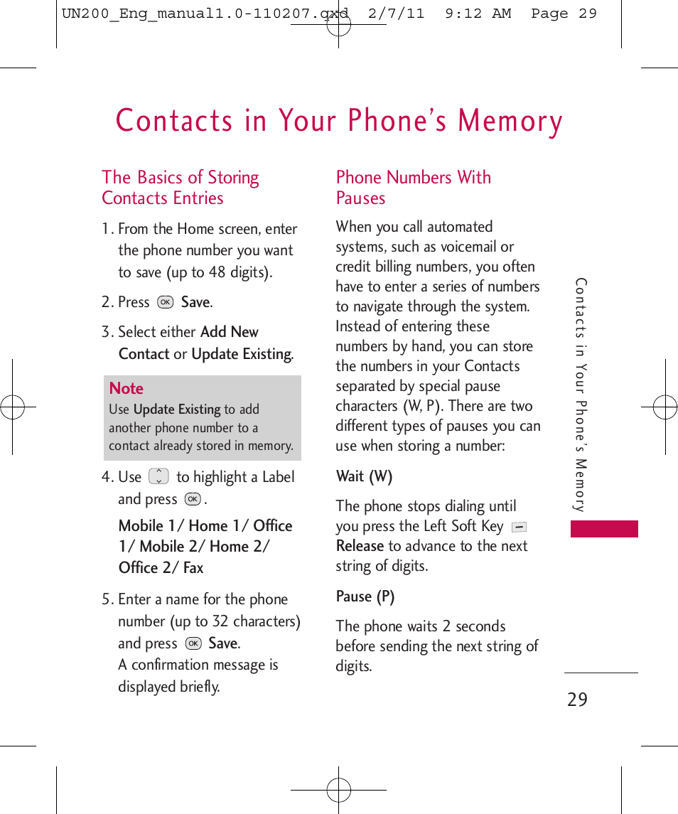 The basics of storing contacts entries, Phone numbers with pauses | LG UN200 User Manual | Page 29 / 120