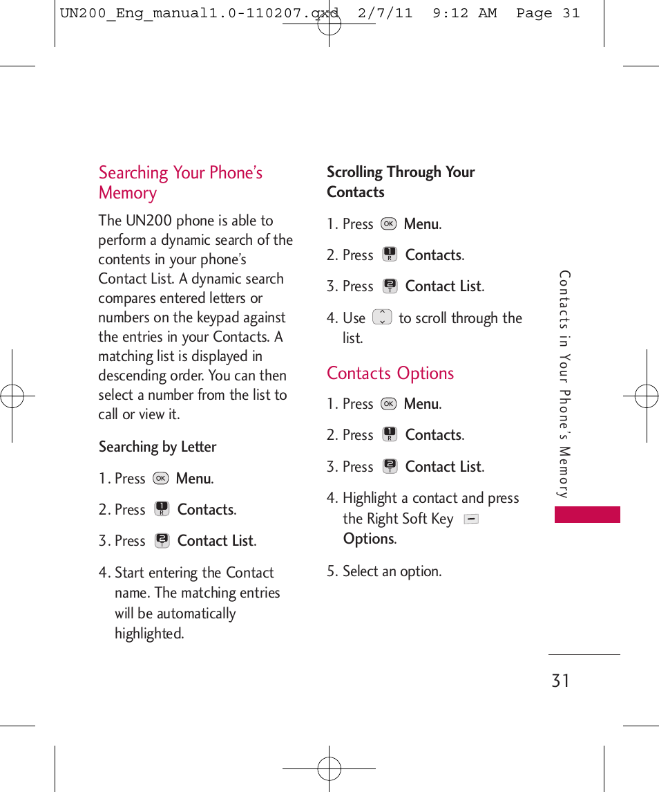 Contacts options | LG UN200 User Manual | Page 31 / 120