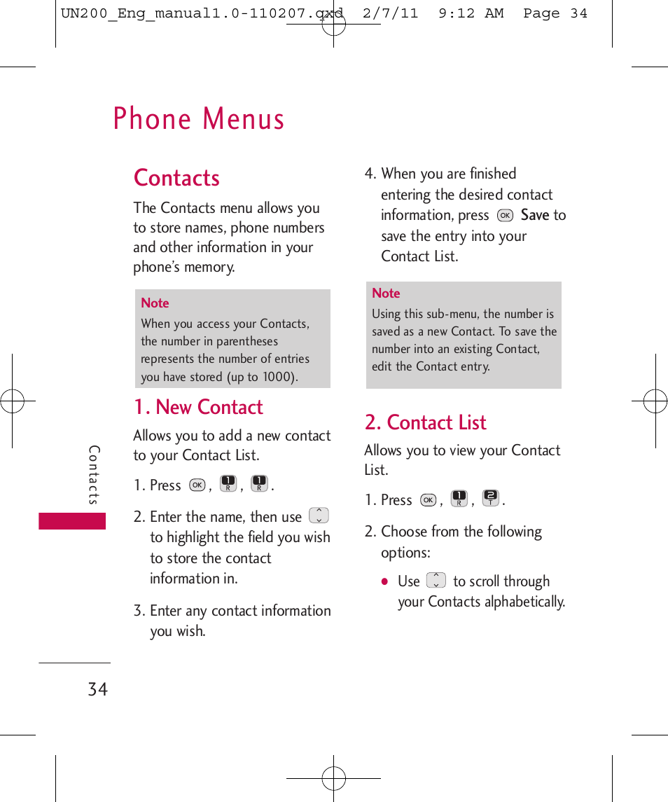 Phone menus, Contacts, New contact | Contact list | LG UN200 User Manual | Page 34 / 120