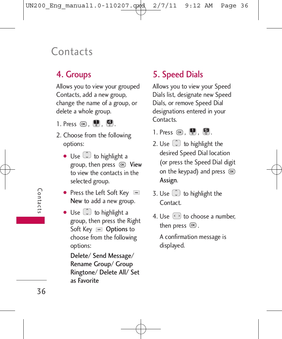 Contacts, Groups, Speed dials | LG UN200 User Manual | Page 36 / 120