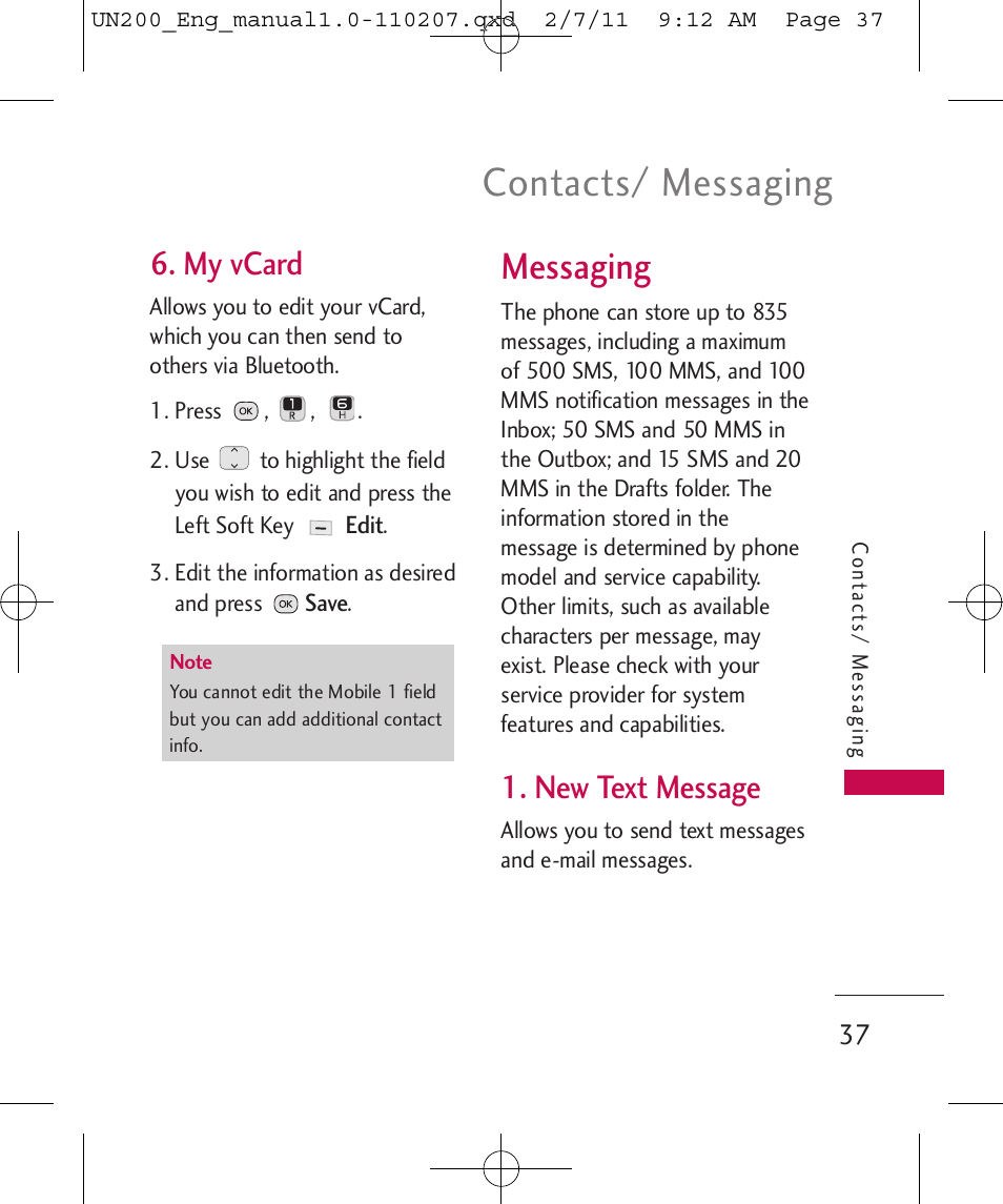 Contacts/ messaging, Messaging, My vcard | New text message | LG UN200 User Manual | Page 37 / 120