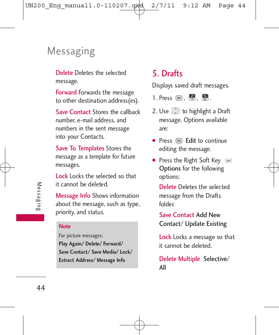 Messaging, Drafts | LG UN200 User Manual | Page 44 / 120