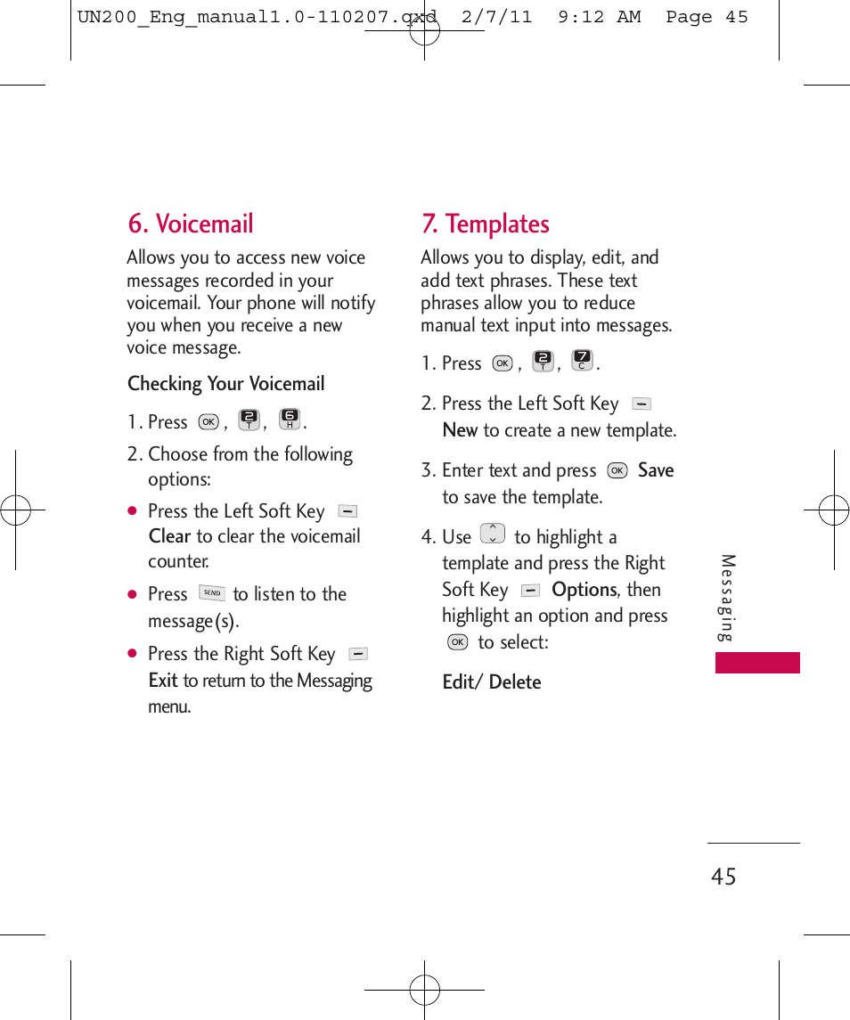 Voicemail, Templates | LG UN200 User Manual | Page 45 / 120