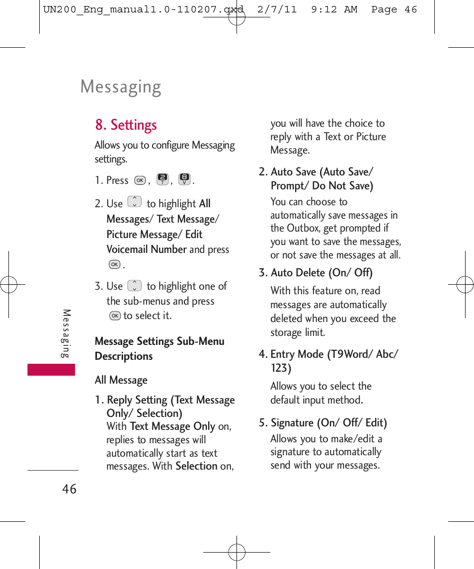 Messaging, Settings | LG UN200 User Manual | Page 46 / 120