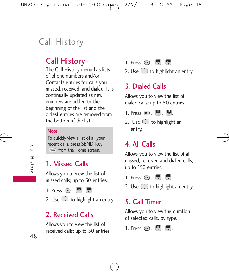 Call history, Missed calls, Received calls | Dialed calls, All calls, Call timer | LG UN200 User Manual | Page 48 / 120