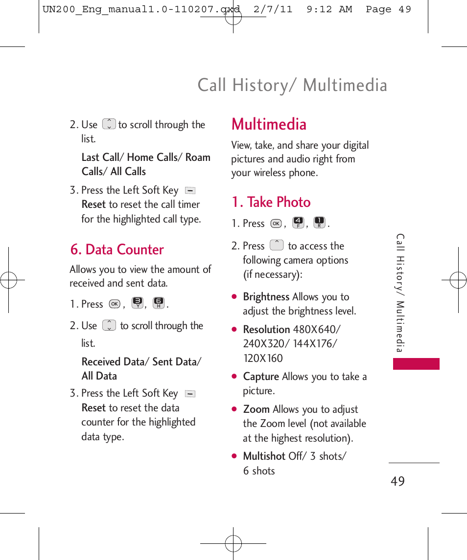 Call history/ multimedia, Multimedia, Data counter | Take photo | LG UN200 User Manual | Page 49 / 120