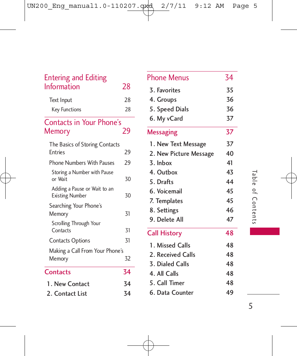 Entering and editing information 28, Phone menus 34 | LG UN200 User Manual | Page 5 / 120