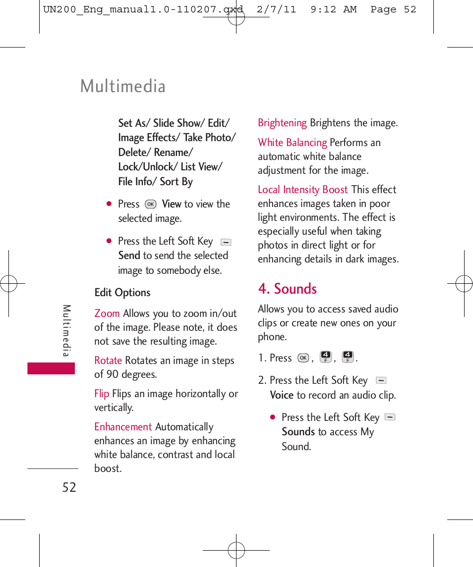 Multimedia, Sounds | LG UN200 User Manual | Page 52 / 120