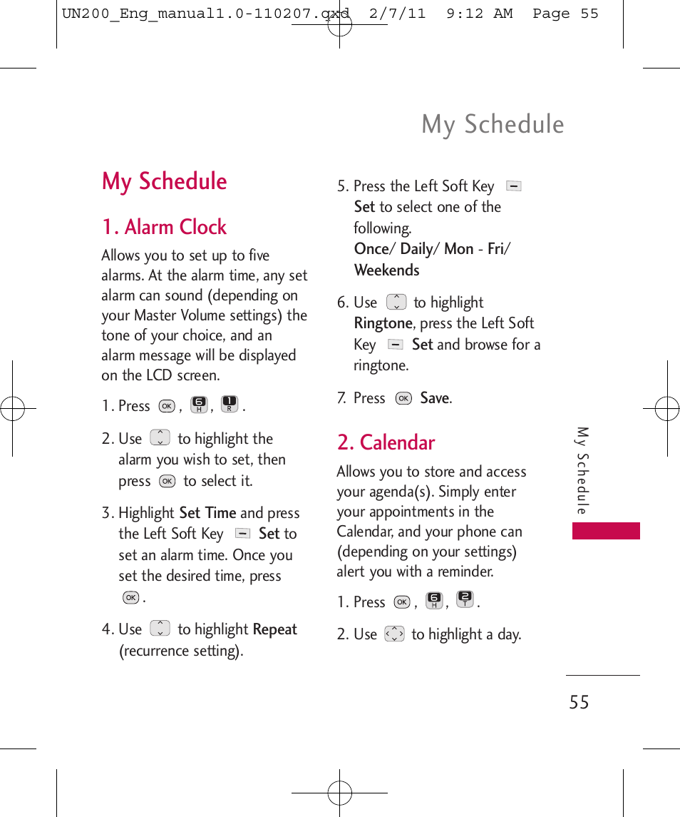 My schedule, Alarm clock, Calendar | LG UN200 User Manual | Page 55 / 120