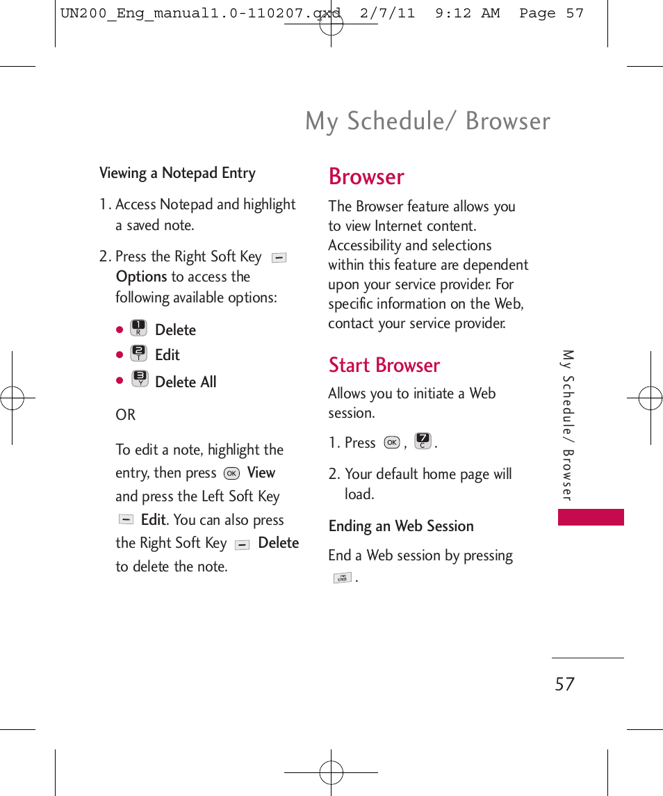 My schedule/ browser, Browser, Start browser | LG UN200 User Manual | Page 57 / 120