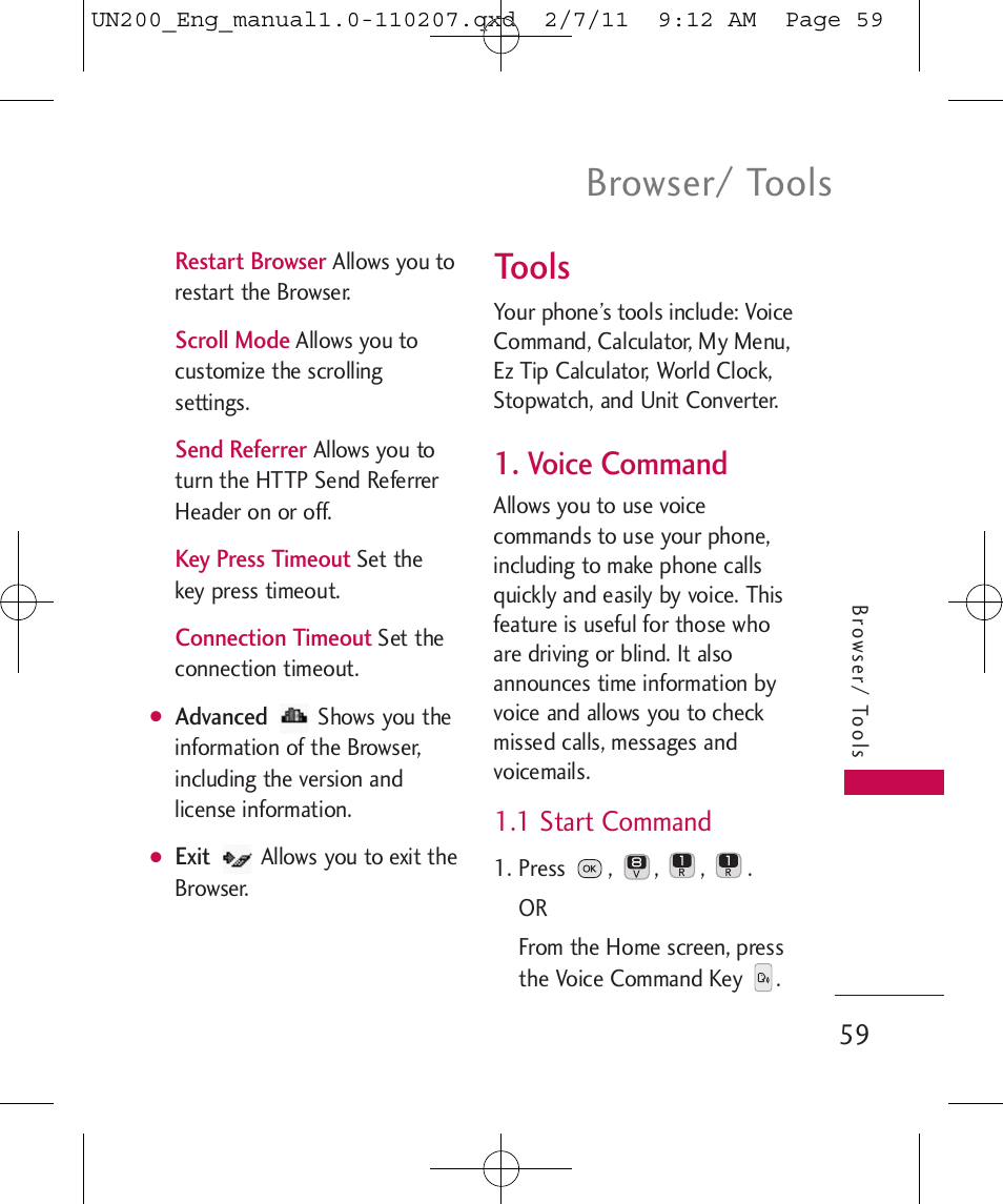 Browser/ tools, Tools, Voice command | 1 start command | LG UN200 User Manual | Page 59 / 120