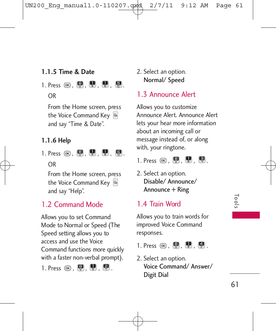 2 command mode, 3 announce alert, 4 train word | LG UN200 User Manual | Page 61 / 120