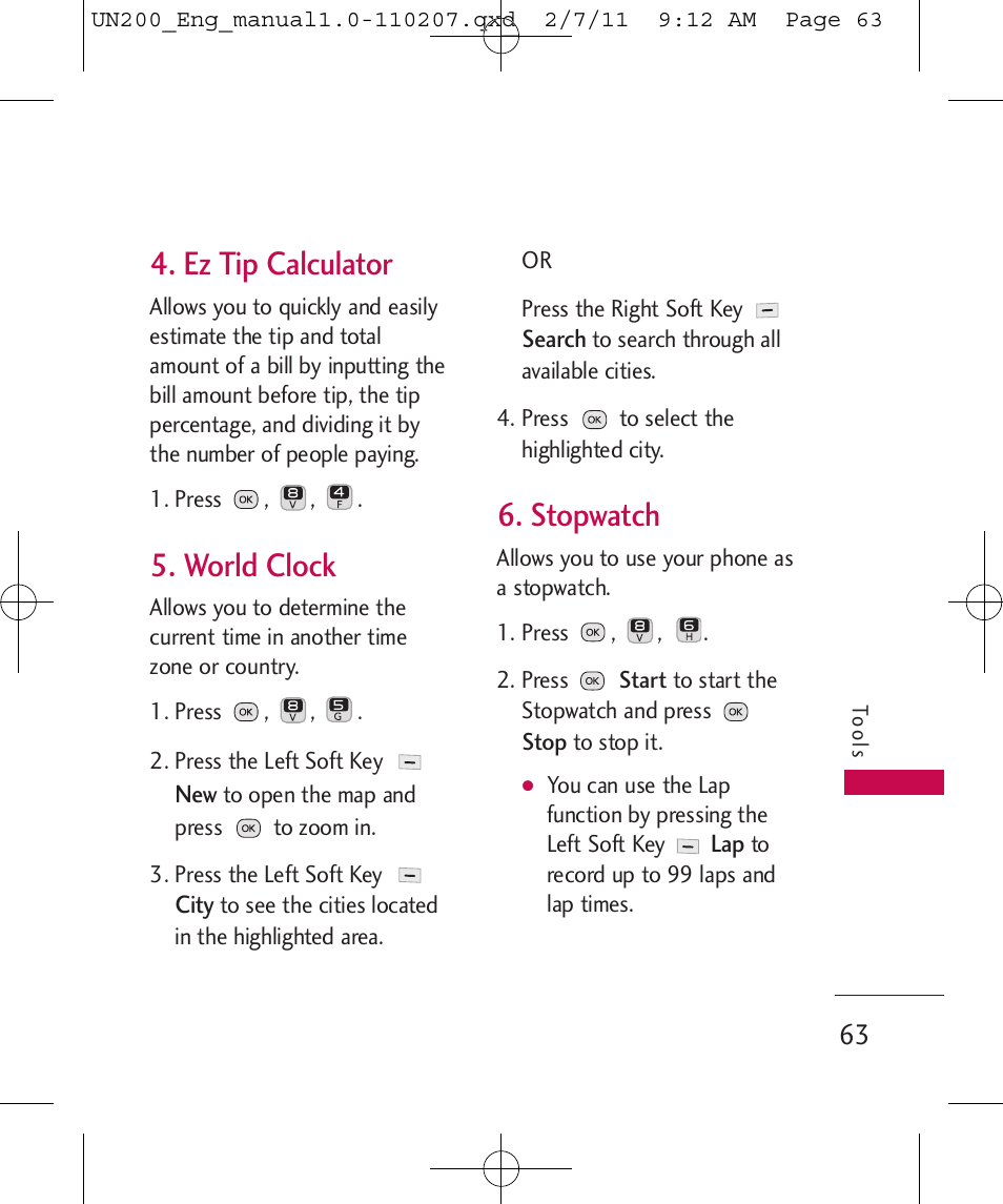 Ez tip calculator, World clock, Stopwatch | LG UN200 User Manual | Page 63 / 120