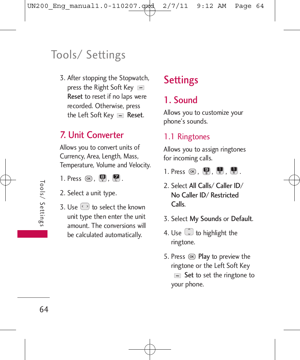 Tools/ settings, Settings, Unit converter | Sound, 1 ringtones | LG UN200 User Manual | Page 64 / 120