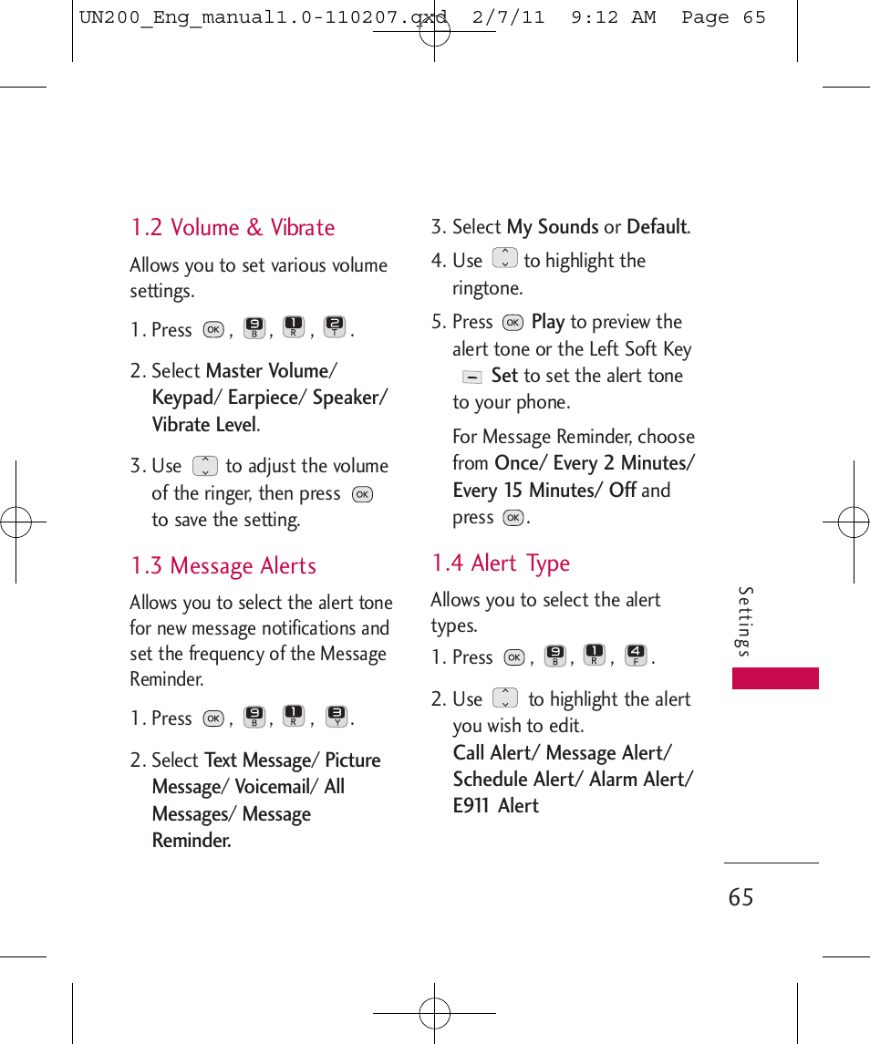 2 volume & vibrate, 3 message alerts, 4 alert type | LG UN200 User Manual | Page 65 / 120