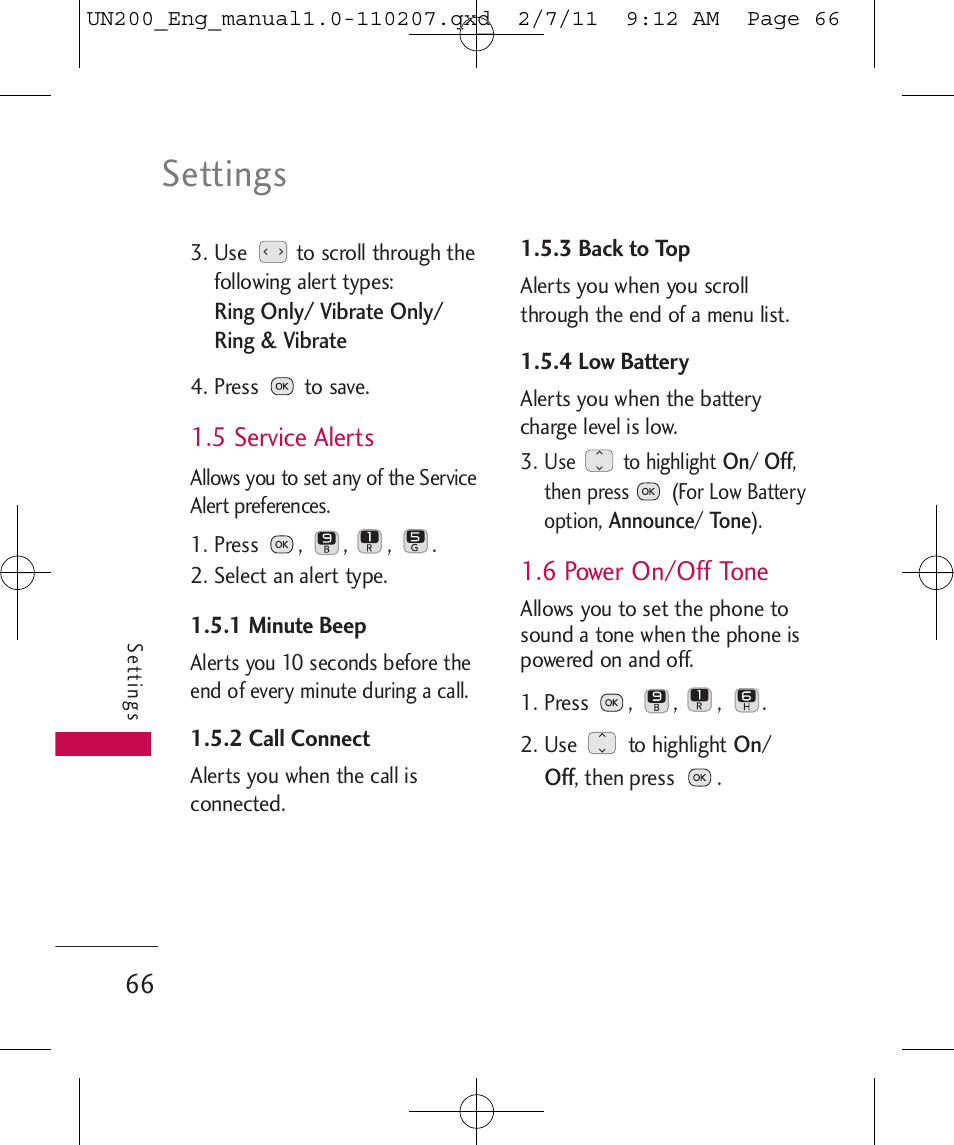 Settings, 5 service alerts, 6 power on/off tone | LG UN200 User Manual | Page 66 / 120