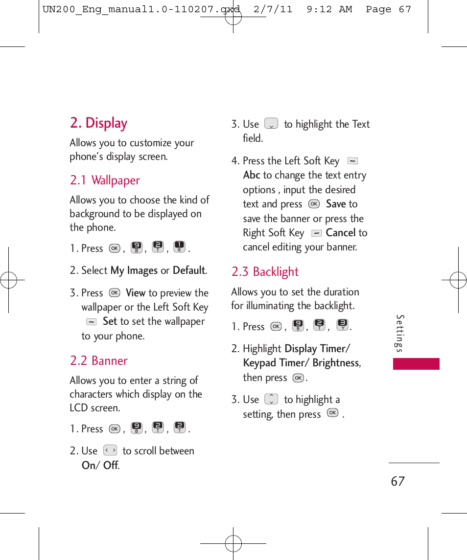 Display, 1 wallpaper, 2 banner | 3 backlight | LG UN200 User Manual | Page 67 / 120