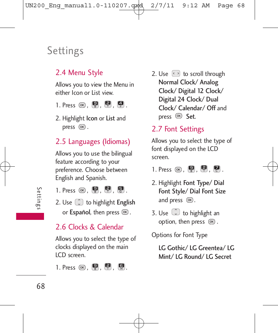 Settings, 4 menu style, 5 languages (idiomas) | 6 clocks & calendar, 7 font settings | LG UN200 User Manual | Page 68 / 120