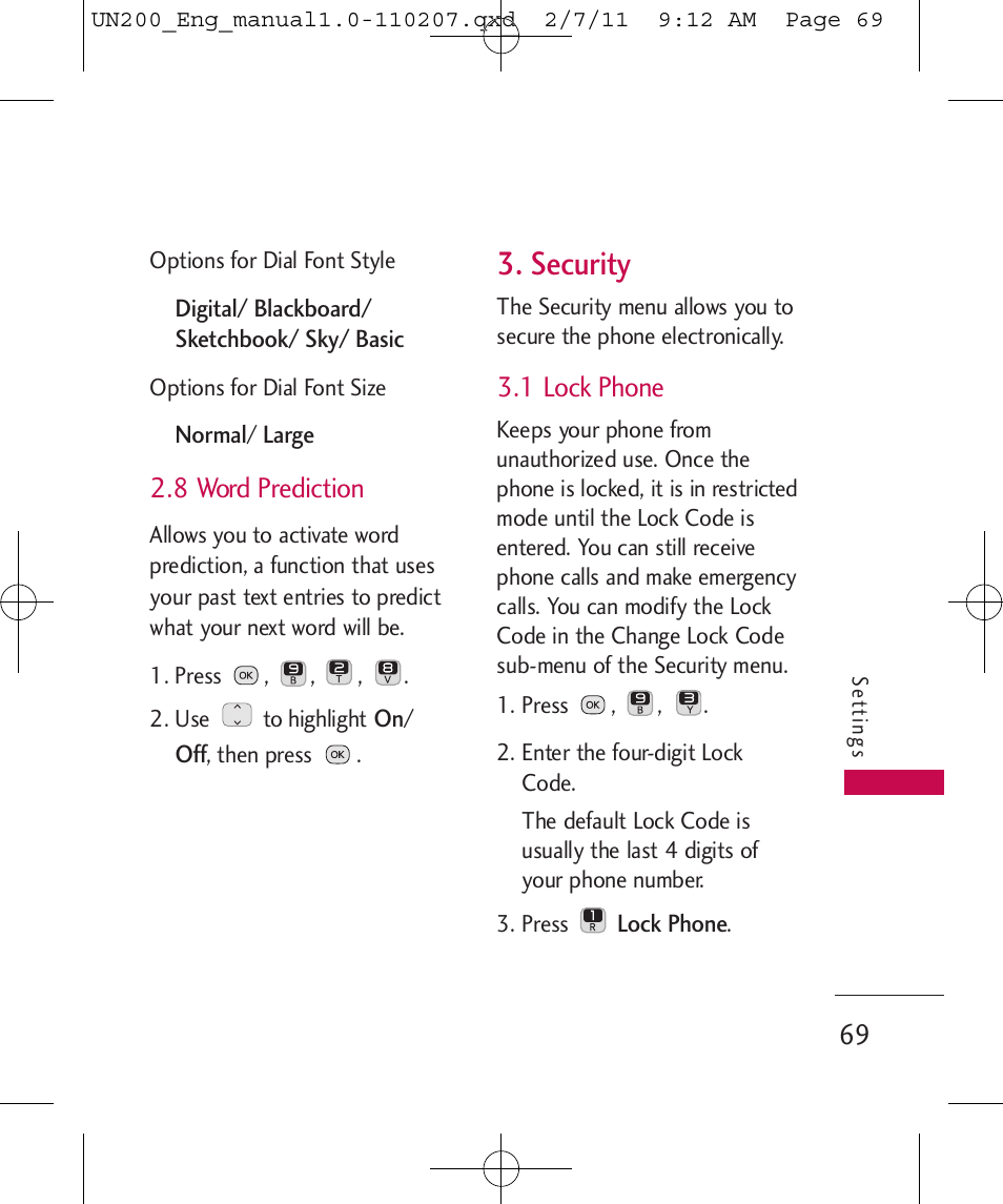 Security, 8 word prediction, 1 lock phone | LG UN200 User Manual | Page 69 / 120