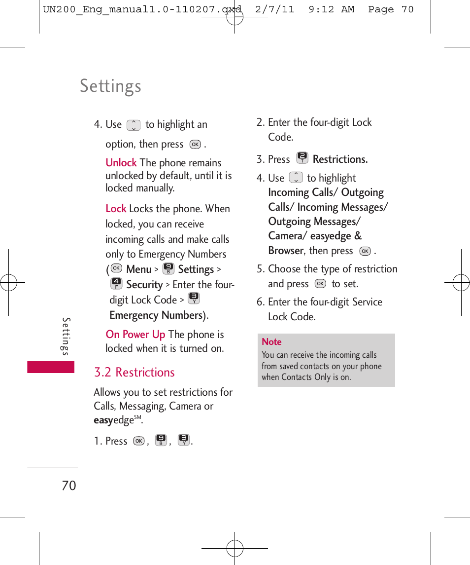 Settings, 2 restrictions | LG UN200 User Manual | Page 70 / 120