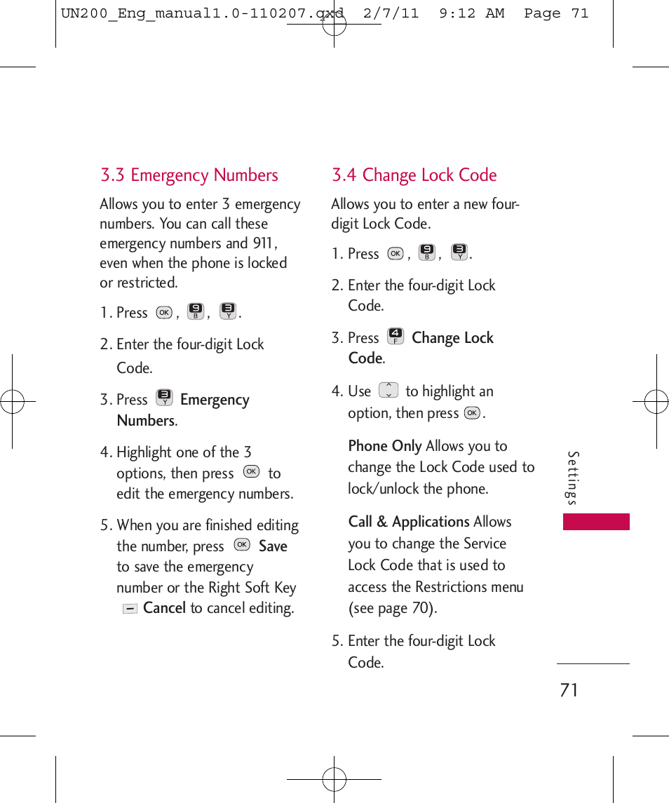 3 emergency numbers, 4 change lock code | LG UN200 User Manual | Page 71 / 120