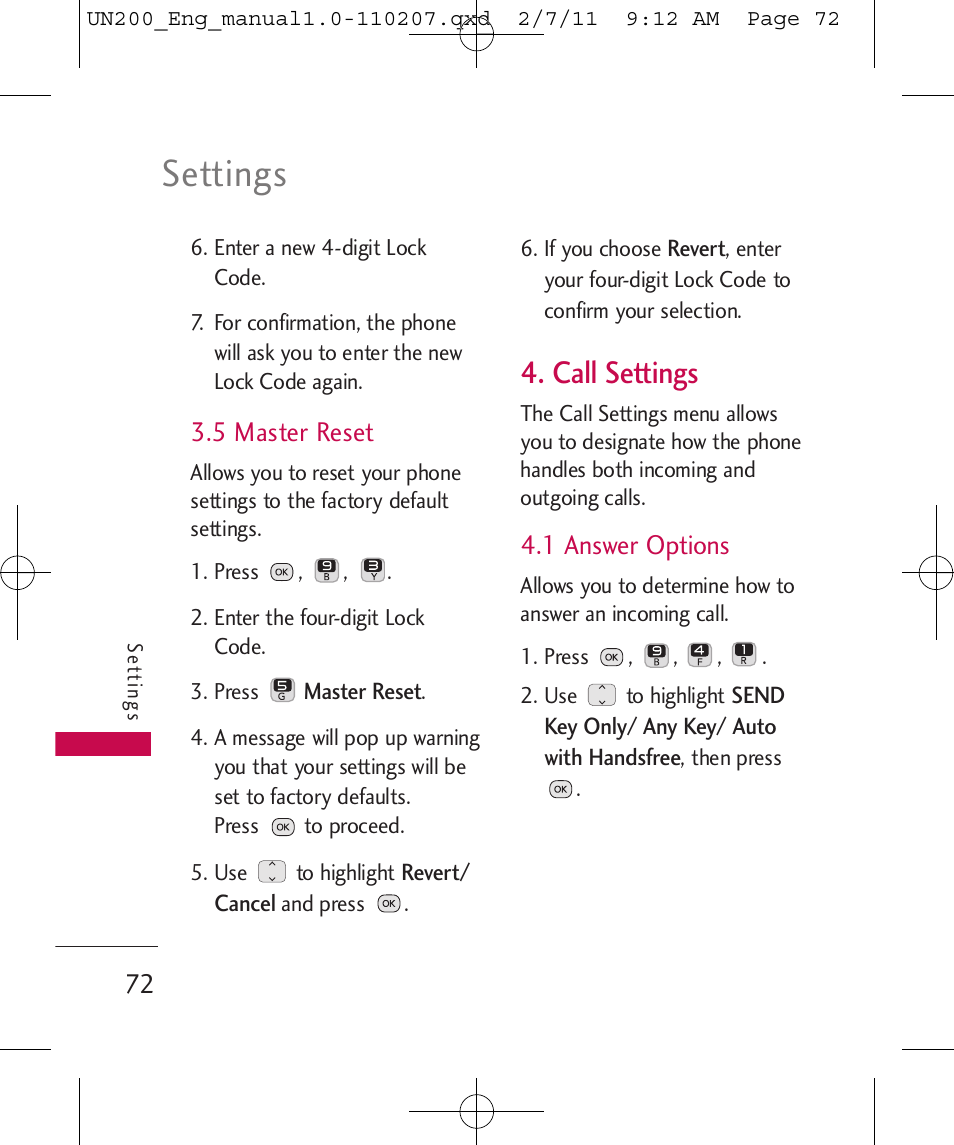 Settings, Call settings, 5 master reset | 1 answer options | LG UN200 User Manual | Page 72 / 120