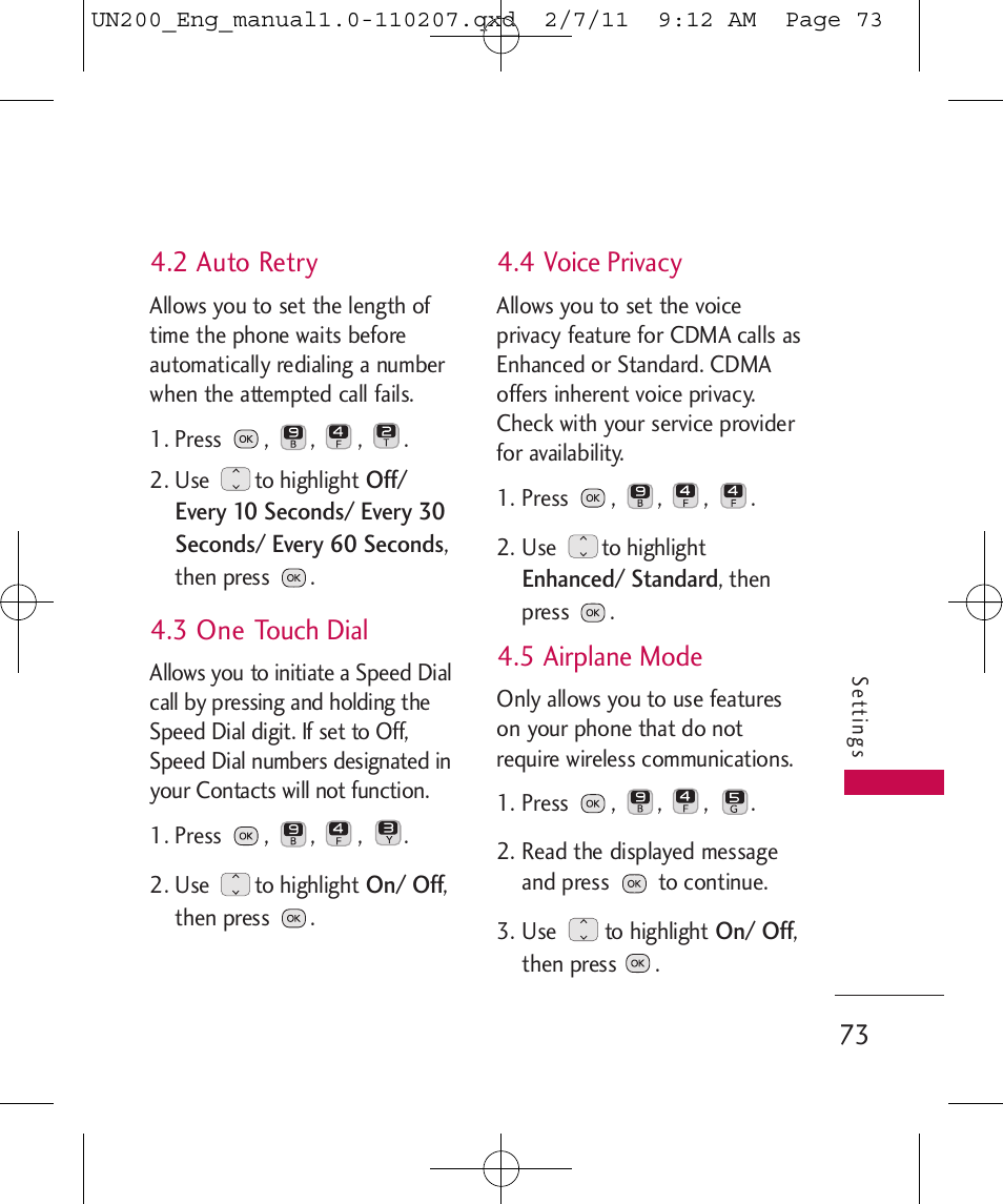 2 auto retry, 3 one touch dial, 4 voice privacy | 5 airplane mode | LG UN200 User Manual | Page 73 / 120