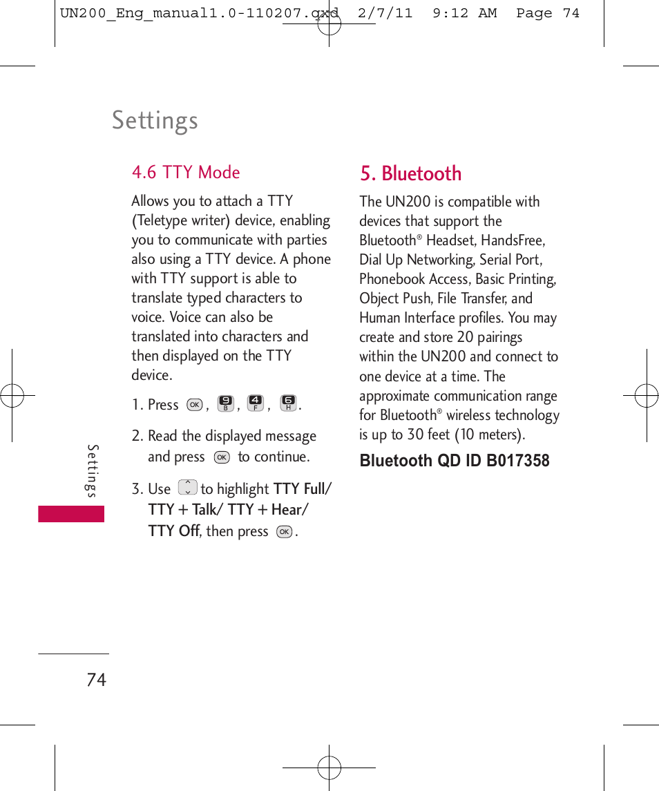 Settings, Bluetooth, 6 tty mode | LG UN200 User Manual | Page 74 / 120