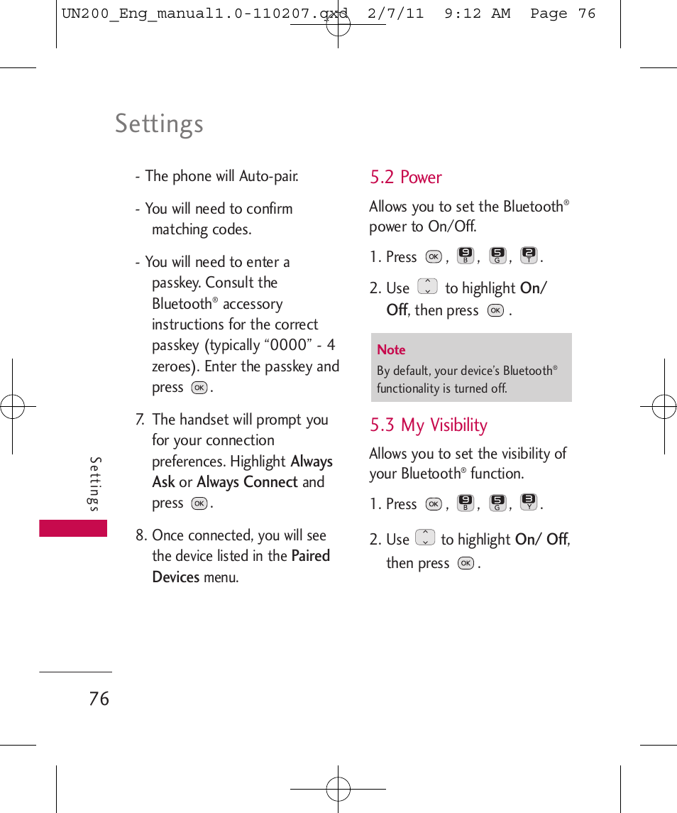 Settings, 2 power, 3 my visibility | LG UN200 User Manual | Page 76 / 120