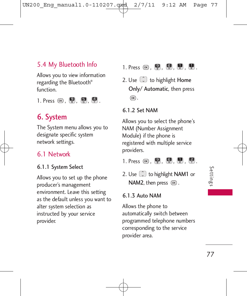 System, 4 my bluetooth info, 1 network | LG UN200 User Manual | Page 77 / 120