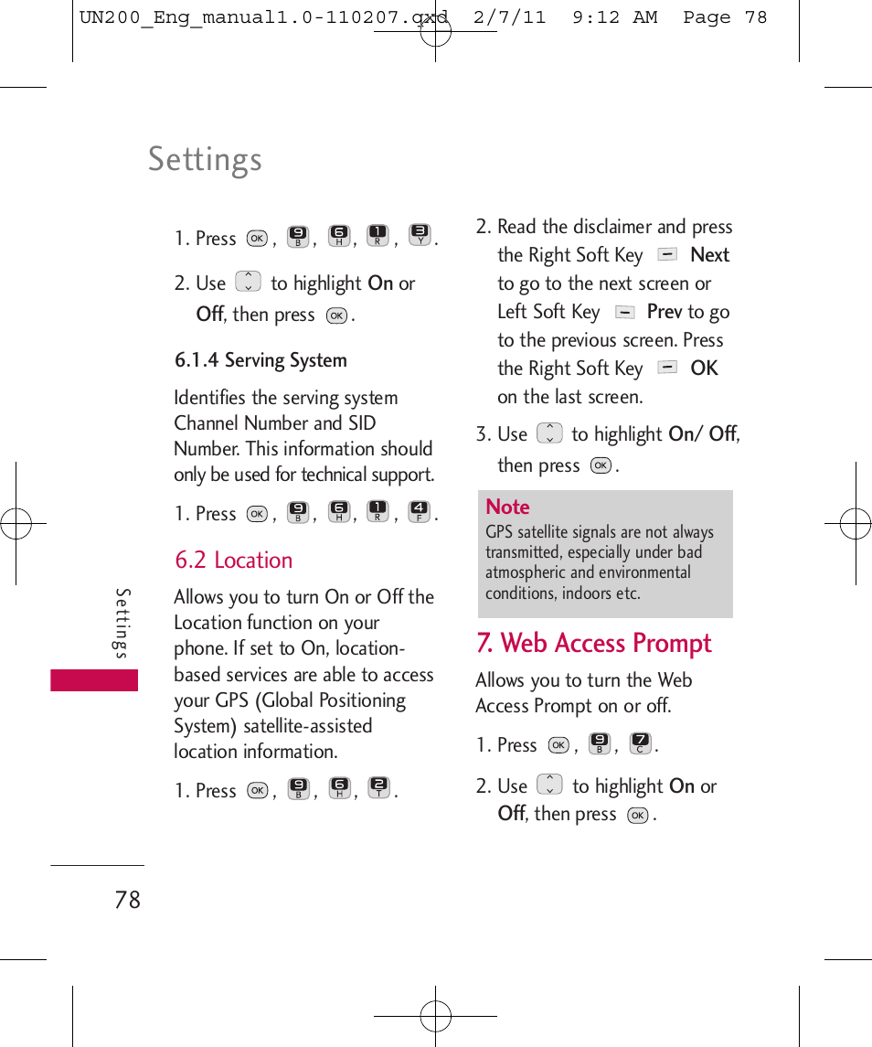 Settings, Web access prompt, 2 location | LG UN200 User Manual | Page 78 / 120
