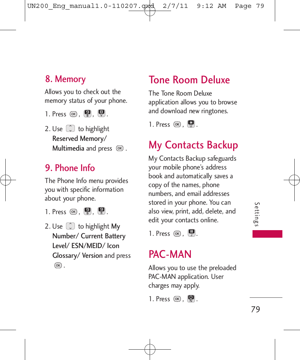 Tone room deluxe, My contacts backup, Pac-man | Phone info | LG UN200 User Manual | Page 79 / 120