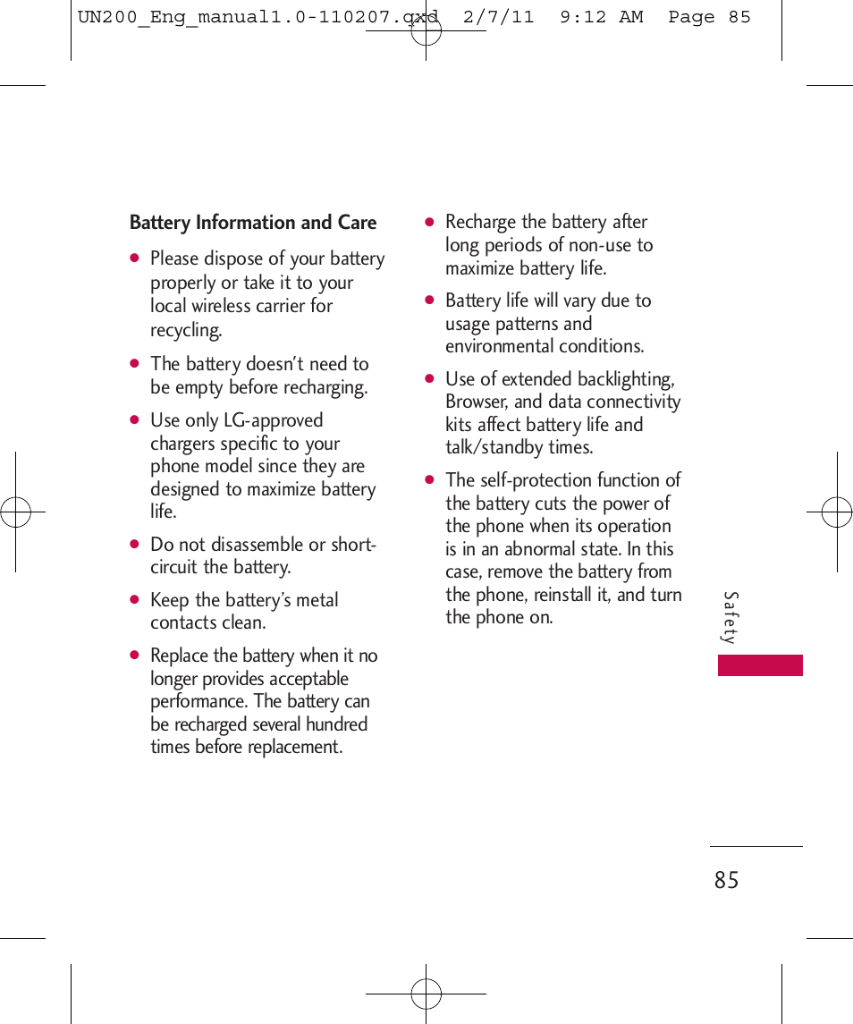 Battery information and care, Do not disassemble or short- circuit the battery, Keep the battery’s metal contacts clean | LG UN200 User Manual | Page 85 / 120