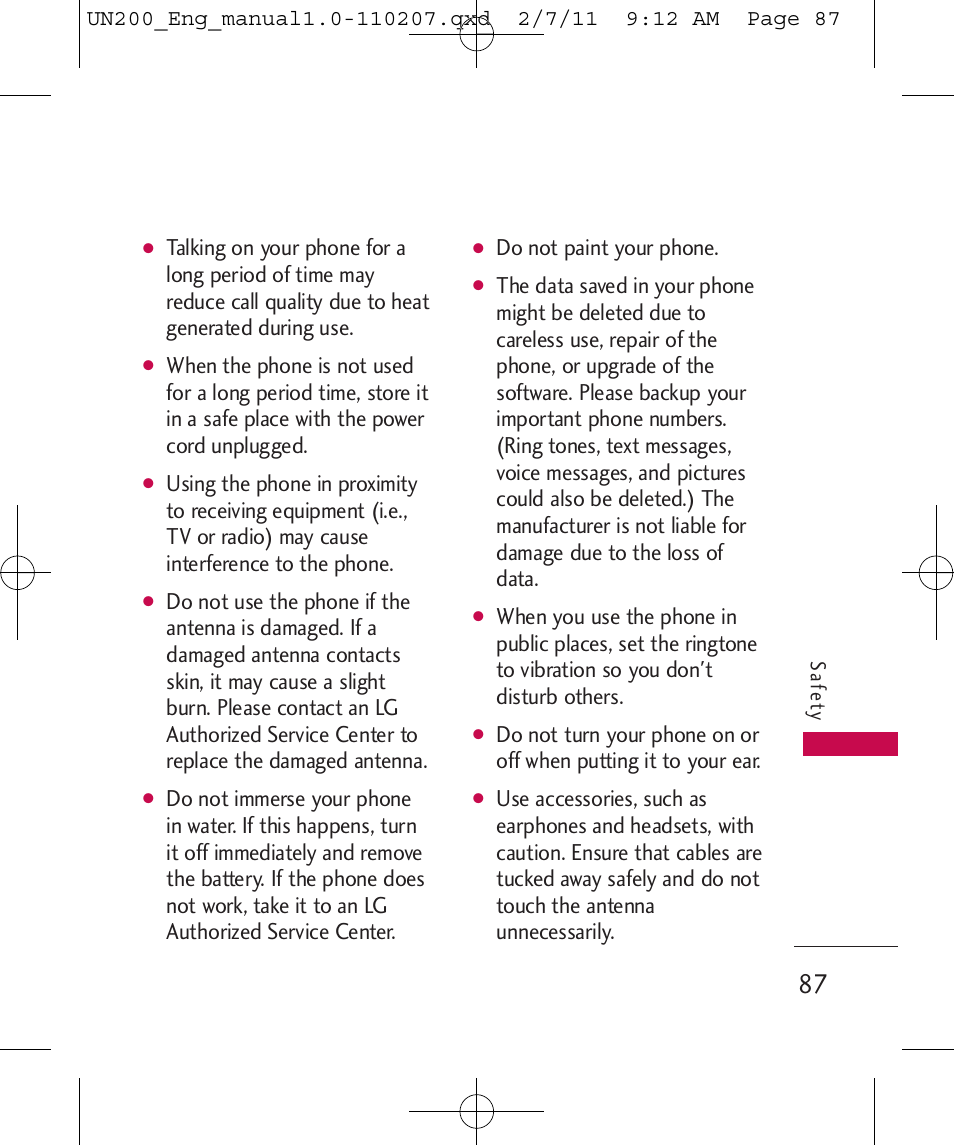 Do not paint your phone | LG UN200 User Manual | Page 87 / 120