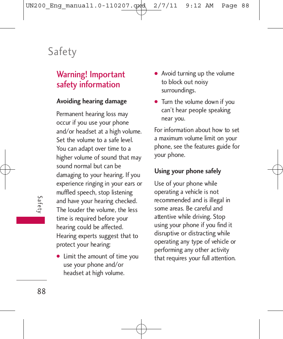 Safety, Warning! important safety information | LG UN200 User Manual | Page 88 / 120