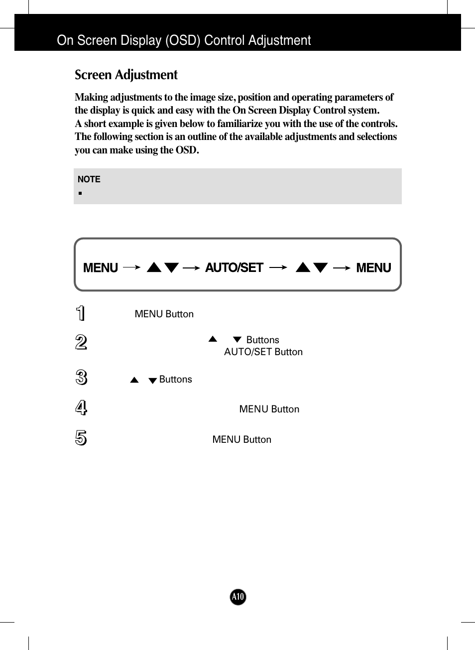 On screen display (osd) control adjustment, Screen adjustment | LG L192WS-SN User Manual | Page 11 / 24