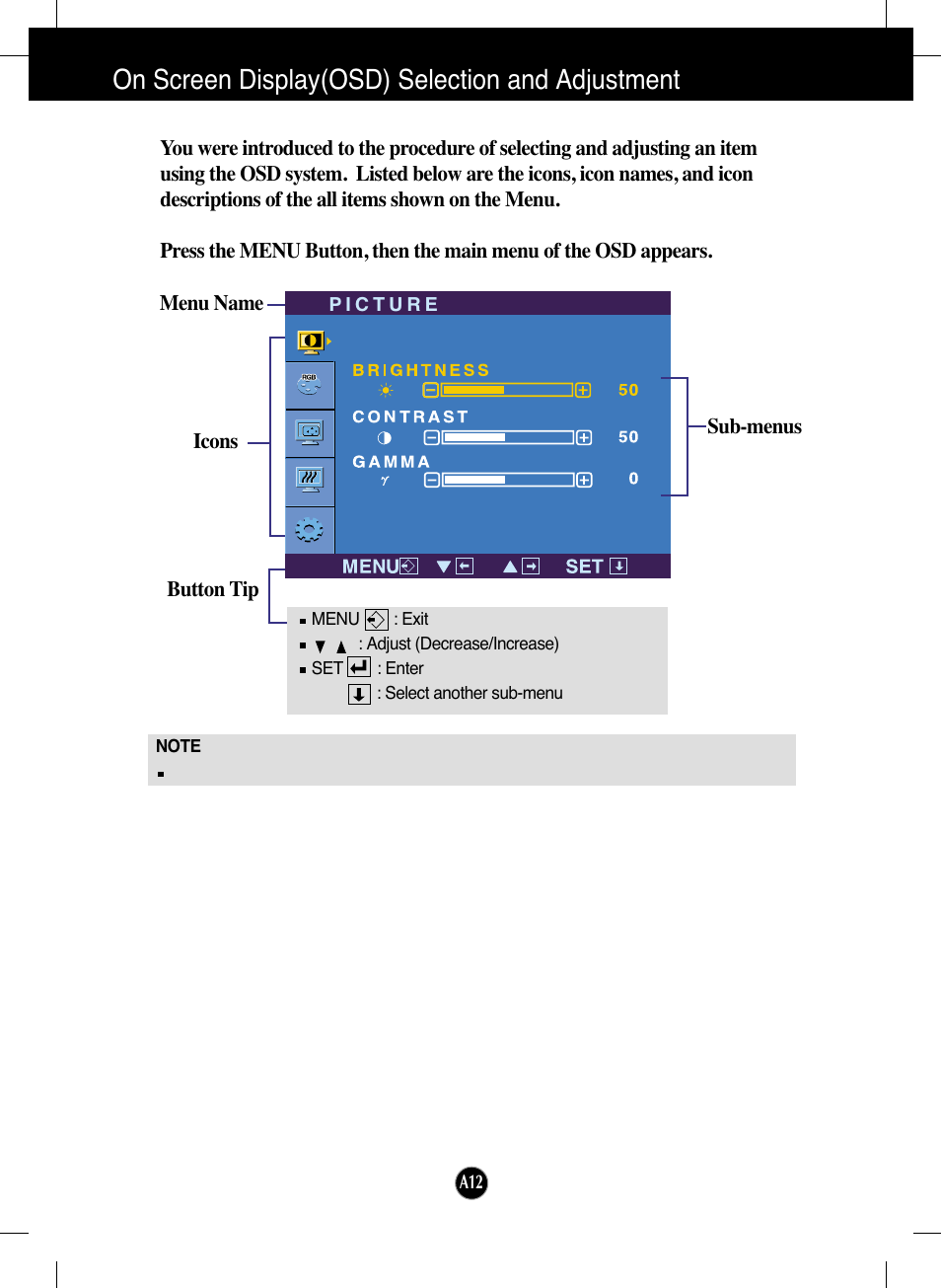 On screen display(osd) selection and adjustment | LG L192WS-SN User Manual | Page 13 / 24