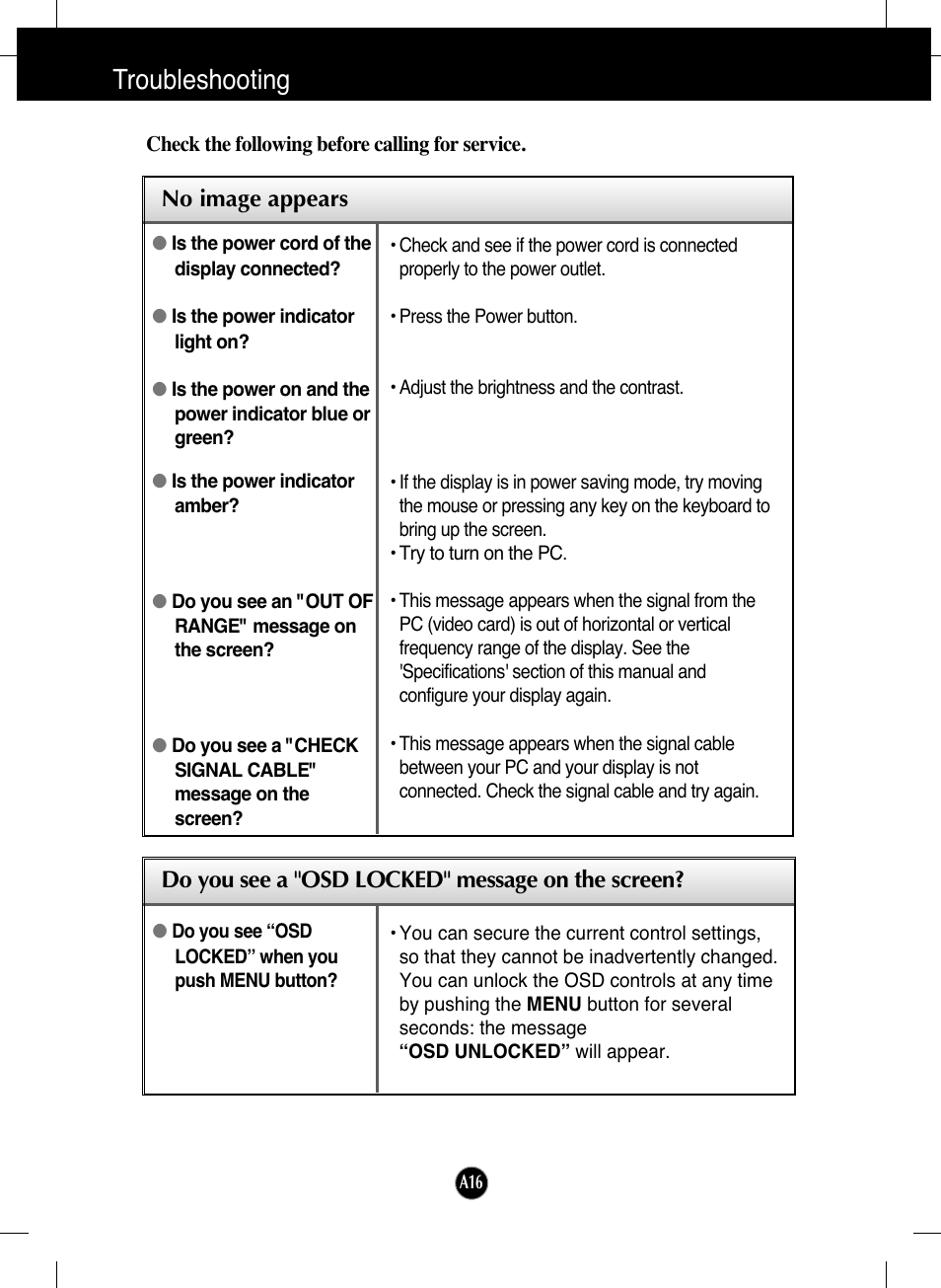 Troubleshooting, No image appears, Do you see a "osd locked" message on the screen | LG L192WS-SN User Manual | Page 17 / 24