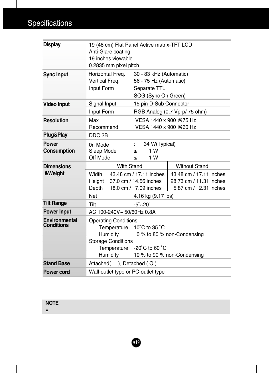 Specifications | LG L192WS-SN User Manual | Page 20 / 24