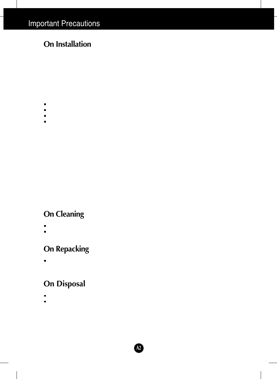 On installation, On cleaning, On repacking | On disposal, Important precautions on installation | LG L192WS-SN User Manual | Page 3 / 24