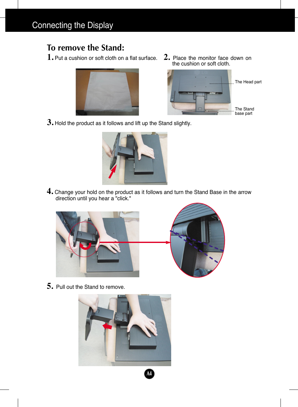 To remove the stand, Connecting the display 1 | LG L192WS-SN User Manual | Page 5 / 24