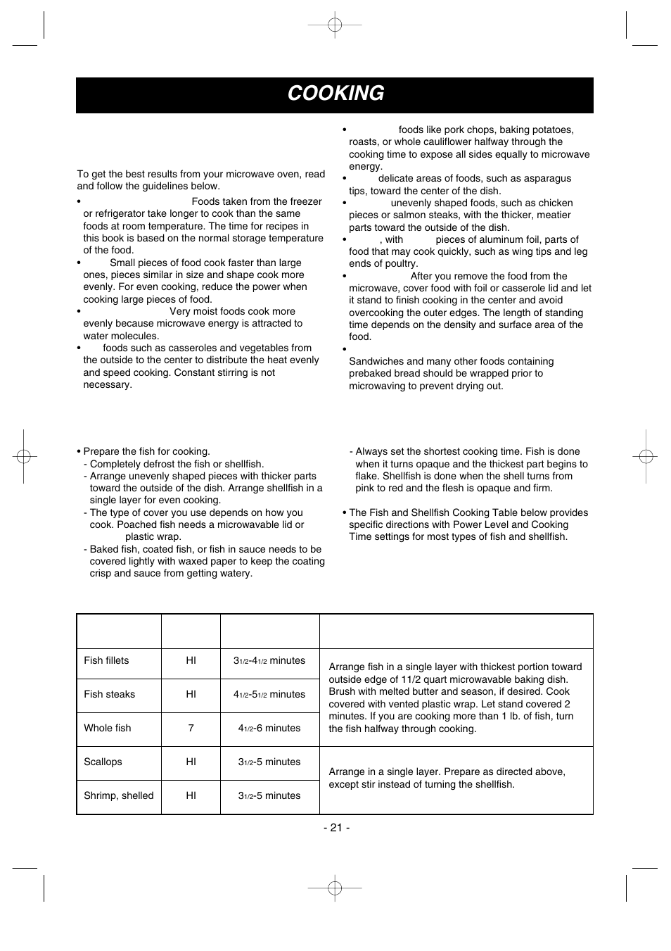 Cooking, Getting the best cooking results, Fish & shellfish | Cooking fish and shellfish: general directions, Fish and shellfish cooking table | LG MV1604SBQ User Manual | Page 21 / 31