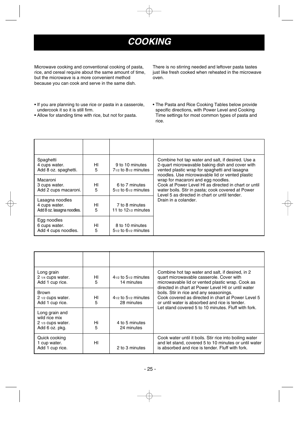 Cooking, Pasta and rice, Cooking pasta and rice: tips and techniques | Pasta cooking table, Rice cooking table | LG MV1604SBQ User Manual | Page 25 / 31