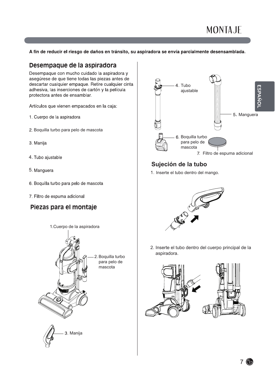 Sujeción de la tubo | LG LUV250C User Manual | Page 28 / 63